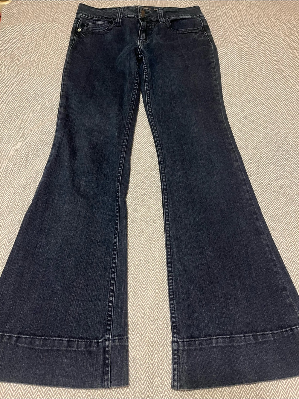 REUSE Dark Indigo Flare Jeans. Double Button Waist. Recycled Cotton. Size 30.